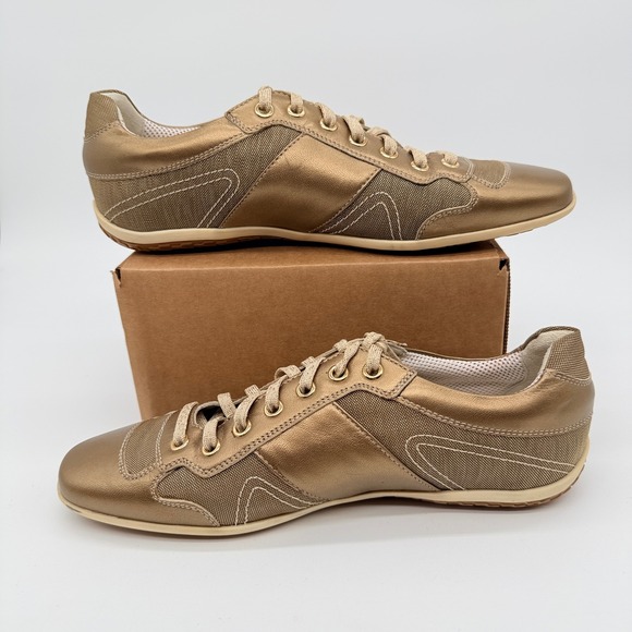 Salvatore Ferragamo Gold Mesh Leather Low Top Sneakers Womens 7C Beige - Picture 2 of 13